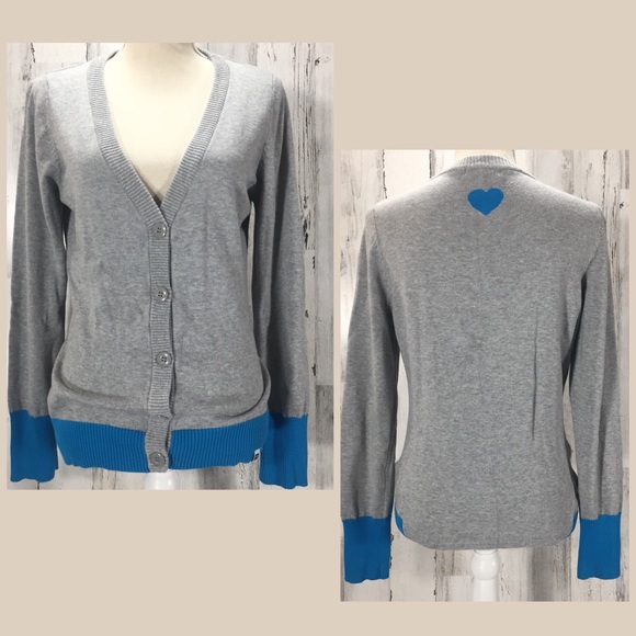 Roxy Sweaters - Roxy Gray and Blue Heart Detail Cardigan Sweater
